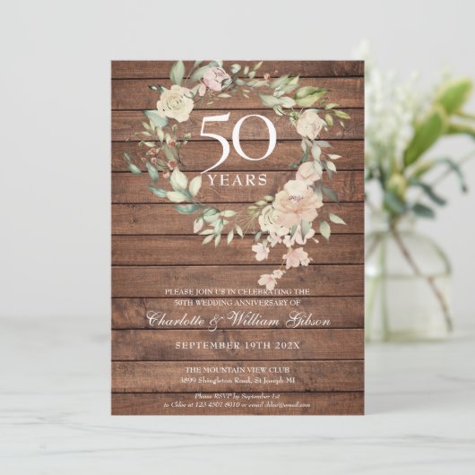 Invitation Couronne de roses en bois rustique pour 50e annive (Debout devant)