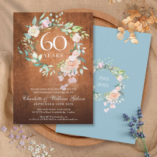 Invitation Couronne de roses en bois rustique pour 60e annive