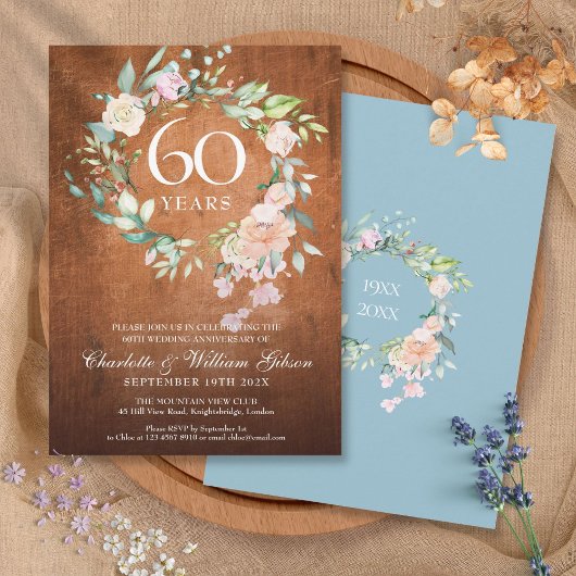 Invitation Couronne de roses en bois rustique pour le 60e ann