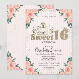 Invitation Couronne de roses en confettis dorés, Striped Swee