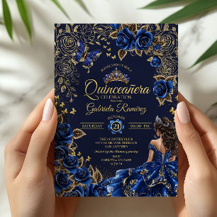Invitation Couronne de roses en tiara bleu marine doré pour Q