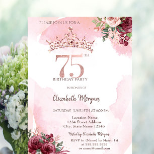 Invitation Couronne de roses pailletées or rose pour 75e anni