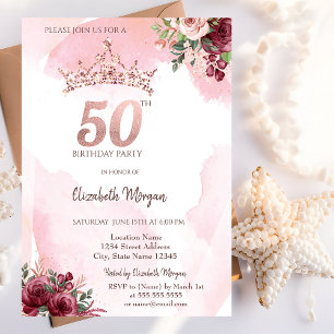Invitation Couronne de roses pailletées or rose pour fête d'a