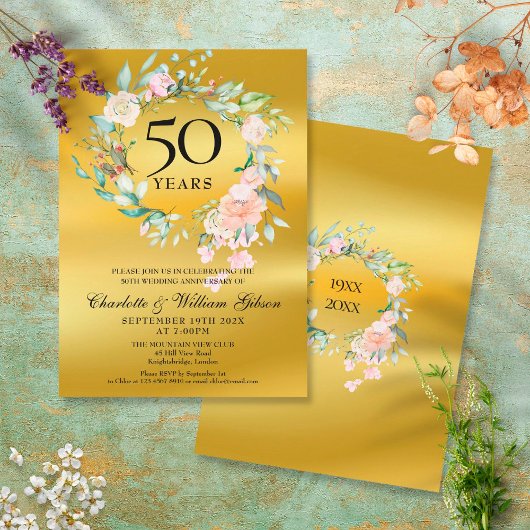 Invitation Couronne de roses papier doré 50e anniversaire de 