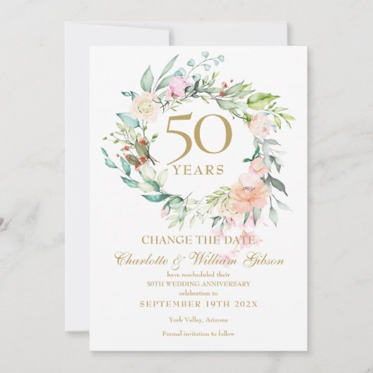 Invitation Couronne de roses pour changement de date du 50e a (Devant)