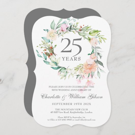 Invitation Couronne de roses pour les 25 ans de mariage (Devant / Derrière)