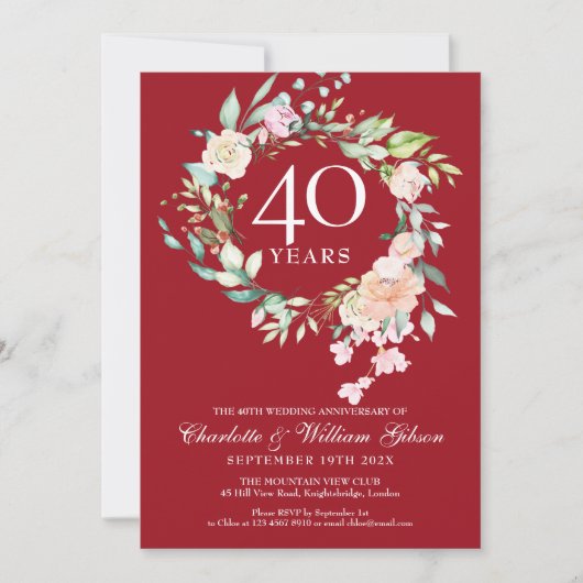 Invitation Couronne de roses pour les 40 ans de mariage Rubis (Devant)