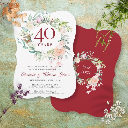 Invitation Couronne de roses pour les 40 ans de mariage Rubis