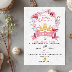 Invitation Couronne de roses roses Chalice Première communion