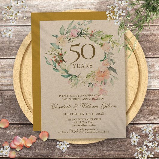Invitation Couronne de roses rustiques 50e anniversaire de ma