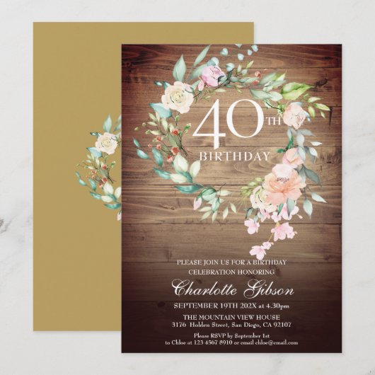 Invitation Couronne de roses rustiques Monogramme 40e anniver (Devant / Derrière)