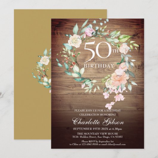 Invitation Couronne de roses rustiques Monogramme 50e anniver (Devant / Derrière)