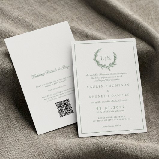 Invitation Couronne de Sapin Sage Vert Code QR Mariage
