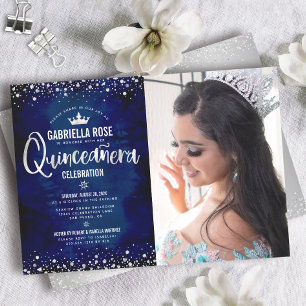 Invitation Couronne de script pailletée argent marine pour Qu