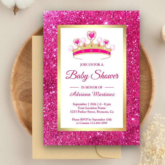 Invitation Couronne de Strass Rose Chaud Baptême Princesse