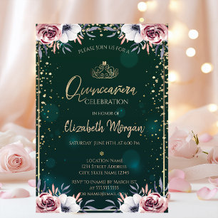 Invitation Couronne de Tiara Verte,Diamants Fleurs Quinceañer