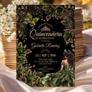 Invitation Couronne de Tiare Dorée Noire et Verte Émeraude po