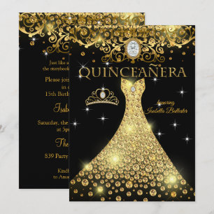 Invitation Couronne de tiare or et noir pour les 15 ans de Qu