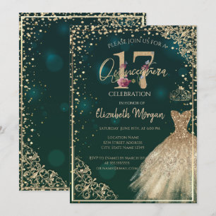 Invitation Couronne de Tiare Robe Dorée, Diamants Quinceañer