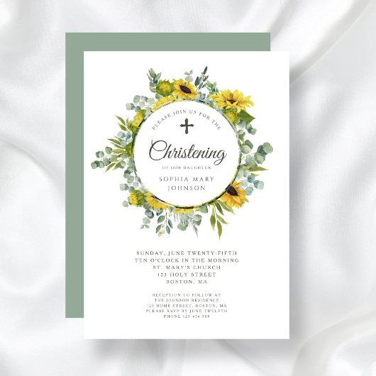 Invitation Couronne de tournesols de croix religieuse pour ba