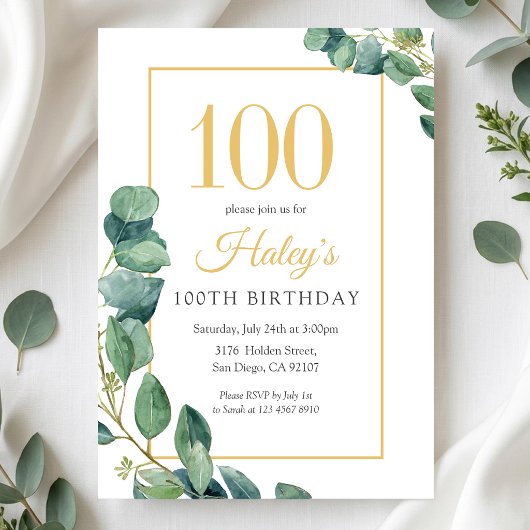 Invitation Couronne de verdure Chic Or & Sauge 100e anniversa