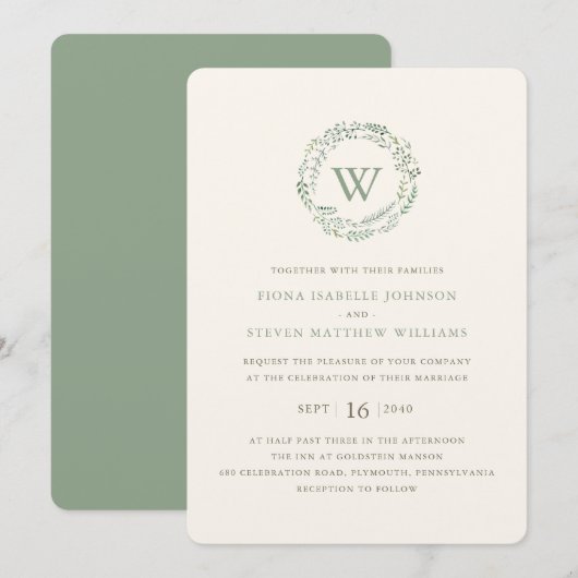 Invitation Couronne de verdure élégante aquarelle de mariage (Devant / Derrière)