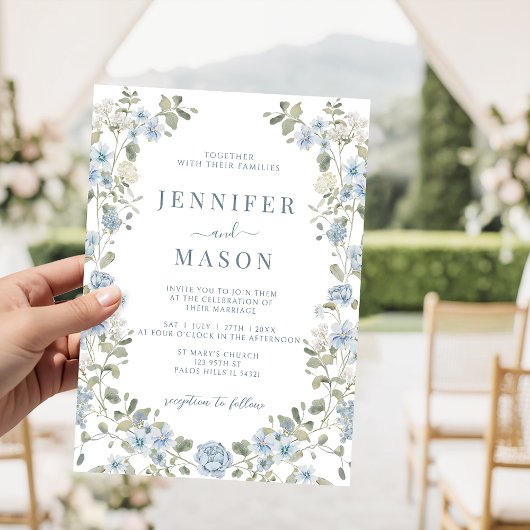 Invitation Couronne de verdure florale bleu clair pour mariag