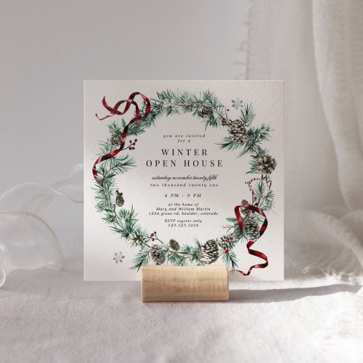 Invitation Couronne de verdure Ruban Rouge Maison Ouverte Car