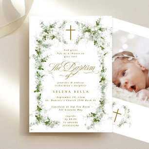 Invitation Couronne d'eucalyptus Croix Or Baptême Photo