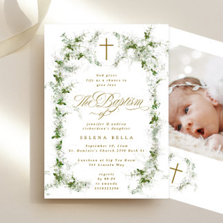 Invitation Couronne d'eucalyptus Croix Or Baptême Photo
