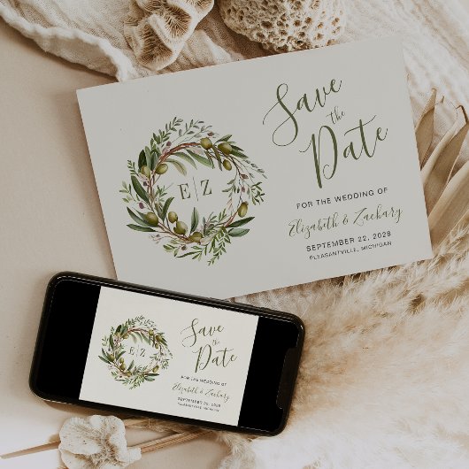 Invitation Couronne d'olive aquarelle rustique Save the Date