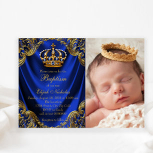 Invitation Couronne d'or bleu royal Petit Prince Baptême