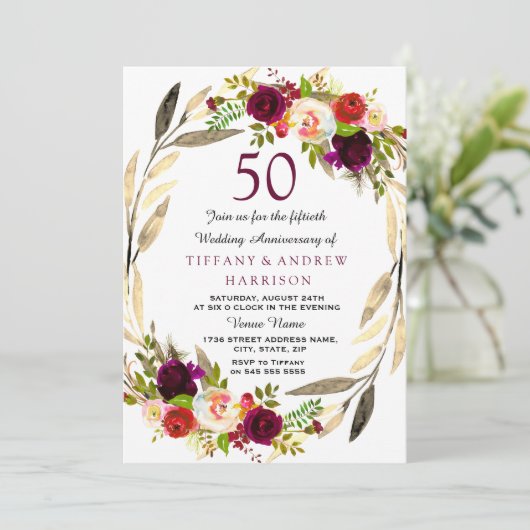 Invitation Couronne d'or burgundy pour 50 ans de mariage (Debout devant)