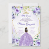 Invitation Couronne d'or et fleurs violettes Quinceañera (Devant)