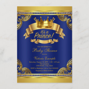 Invitation Couronne d'or Fête de bébé Prince Royal Bleu