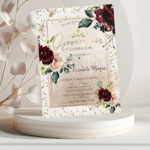 Invitation Couronne d'or, Fleurs bordeaux pour Quinceañera