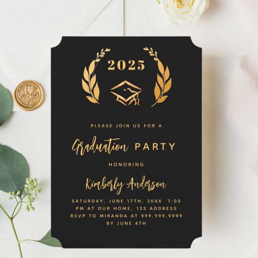 Invitation Couronne d'or noir 2025 luxe Graduation Party