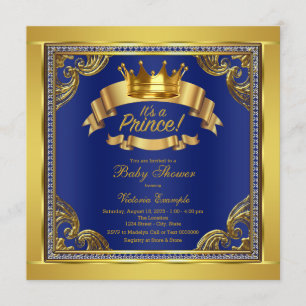 Invitation Couronne d'or Royale Bleu Or Prince Bébé Surprise