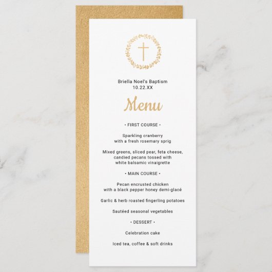 Invitation Couronne d'or simple avec menu Baptême croisé (Devant / Derrière)