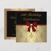 Invitation Couronne dorée à ruban rouge élégant pour les 50 a (Devant / Derrière)