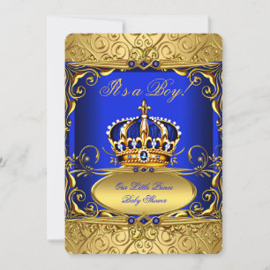 Invitation Couronne dorée damassée bleu royal pour la baby sh
