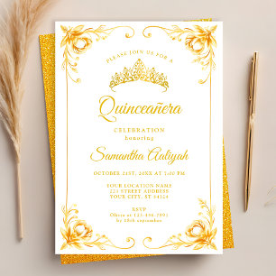 Invitation Couronne dorée de luxe Quinceanera blanche et or