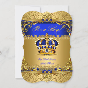 Invitation Couronne dorée en damas bleu royal pour garçon Bab