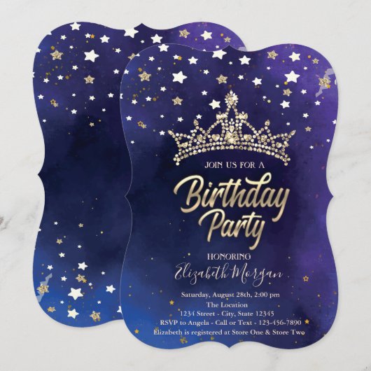 Invitation Couronne dorée étoiles fête d'anniversaire bleue (Devant / Derrière)
