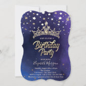 Invitation Couronne dorée étoiles fête d'anniversaire bleue (Devant)