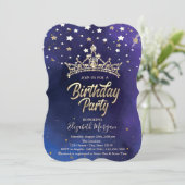 Invitation Couronne dorée étoiles fête d'anniversaire bleue (Debout devant)