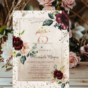 Invitation Couronne dorée, Fleurs bordeaux  75e Anniversaire