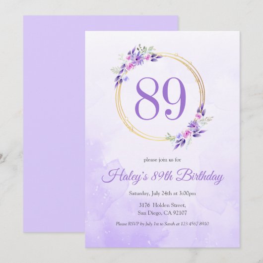 Invitation Couronne dorée florale violette pastel pour 89e an (Devant / Derrière)