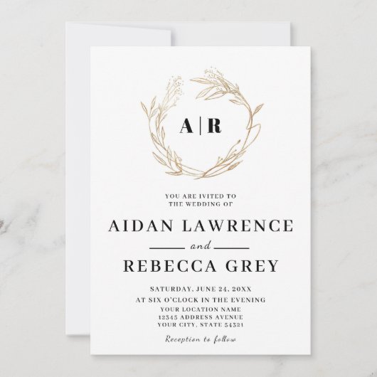 Invitation Couronne dorée monogramme Mariage (Devant)