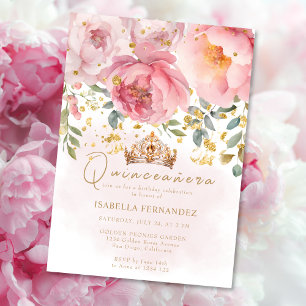 Invitation Couronne dorée rose poudré Élégant Quinceañera flo